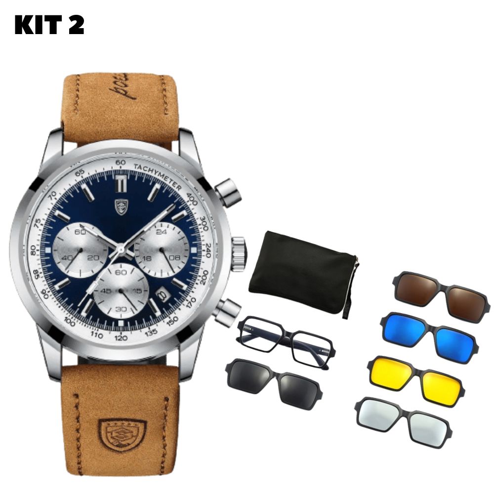 Relógio POEGAR Couro legítimo + Kit 6 óculos polazirado